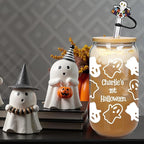 ANOTION Personalized Halloween Cups Glass-Boo Basket Stuffers- Ghost Decorations Glass Cups Tumbler 18OZ -Halloween Gifts for Friend Son Daughter