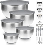 Deedro Premium Mixing Bowls with Airtight Lids Set, 22Pcs Thicker Stainless Steel Mixing Bowl Set, Large Prep Metal Bowls, Non-Slip Silicone Base Nesting Bowls for Kitchen, 1.5/2/3/4/5 QT, Gray