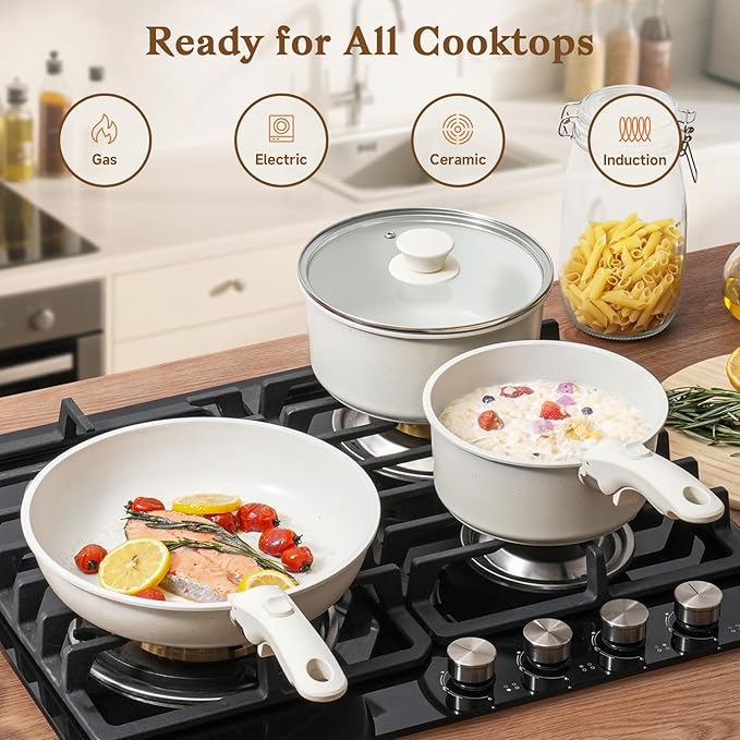 SODAY 15Pcs Pots and Pans Set Non Stick, Cookware Sets with Detachable Handle, Nonstick RV Kitchen Cooking Tools Removable Handles, Oven Safe, Induction Fast, Stackable Induction Cookware, White