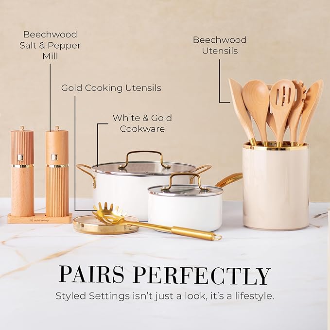 STYLED SETTINGS Beige Utensil holder - Large Ceramic Utensil Crock for Kitchen Counter – Stylish Cooking Utensil Storage & Gold Spoon Rest – Kitchen Organization & Farmhouse Décor