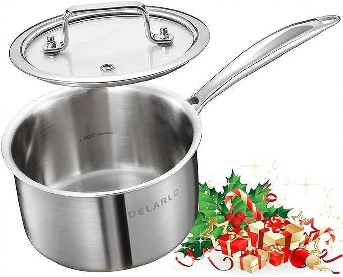 DELARLO Stainless Steel Small Brushed Saucepan With Lid, Induction Cooking Sauce Pot Pan, Full-body Clad Tri-Ply Heavy Duty Saucier Cookware, Dishwasher Safe & Oven Safe(2 Quart)