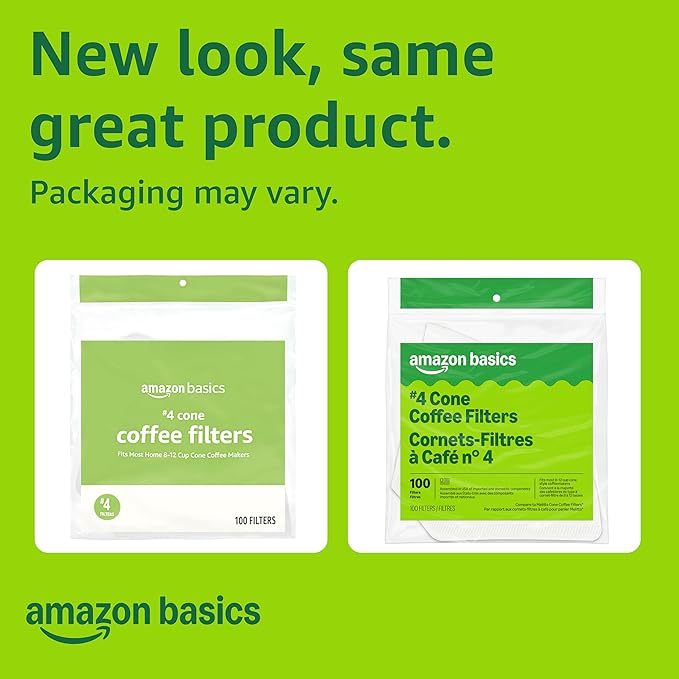 Amazon Basics Number 4 Cone Coffee Filters for 8-12 Cup Coffee Makers, White, 100 Count (Pack of 2)