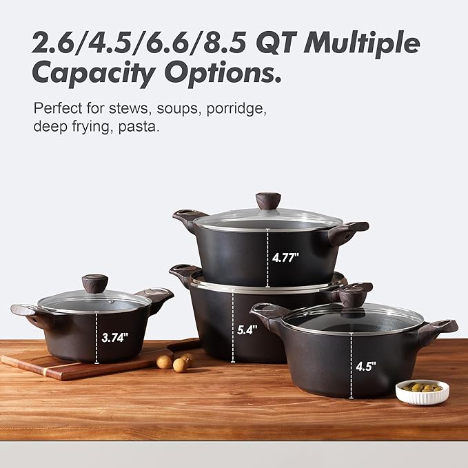 SENSARTE Nonstick Stock Pot with Lid, 2.6+4.5 QT Soup Pot Set Casserole Pot, Healthy Pasta Pot, Large Deep Cooking Pot, Big Sauce Pot Stew Pot, Induction Compatible, PFOA PFOS APEO Free, Black