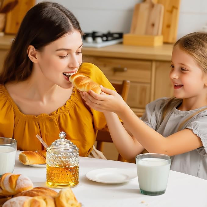 kanpura Clear Crystal Honey Pot with Dipper and Lid Glass Honey Jar with Dispenser Honey Holder and Syrup Container for Christmas Home Kitchen Decor,9 oz