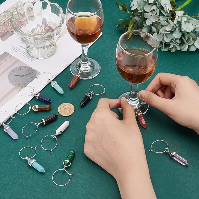 BENECREAT 12 Sets Wine Glass Charms, Gemstone Identifier Tags Drink Markers Tags with Pendant and Hoop for Cocktail Champagne Wedding Birthday Wine Tasting Party Decoration