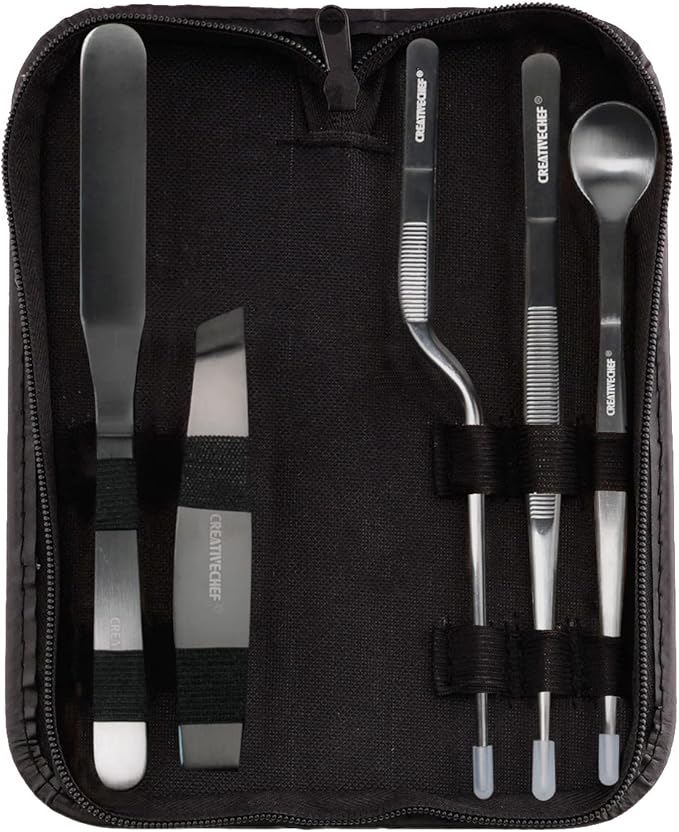 CREATIVECHEF 5 PCS Plating Tools Culinary Set Contains kitchen tweezers spatula Sauce plating spoon（Black）