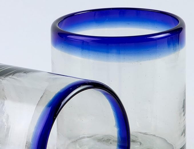 7 oz Hand Blown Mexican Drinking Glasses - Set of 2, 7 fl oz each, Cobalt-Blue Rim