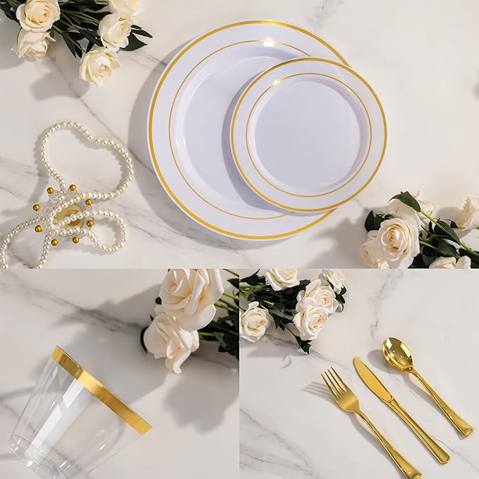 WELLIFE 300 PCS Gold Dinnerware Set for 50 Guests, Gold and White Disposable Plastic Plates for Party, 50 Dinner & Salad Plates, 50 Cups Forks Knives Spoons for Wedding and Party Supplies