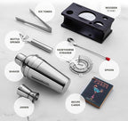 Modern Mixology Cocktail Shaker Set - Bartender Kit with Pine Stand | Leak-Proof Design | Includes Martini Shaker, Jigger, Strainer, Spoon, Tongs | Perfect Bar Tools Gift for Home Mixology (Silver)