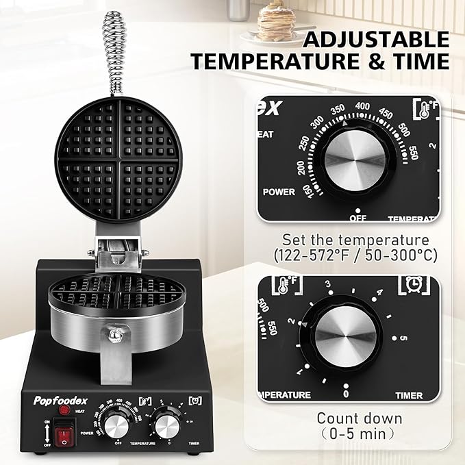 Commercial Waffle Maker for Restaurant, 110V Electric Waffle Maker w/Non-stick and 122–572°F Adjustable Temp, 1200W Profession Waffle Iron with Timer and Heavy Duty, Hotel Waffle Machine