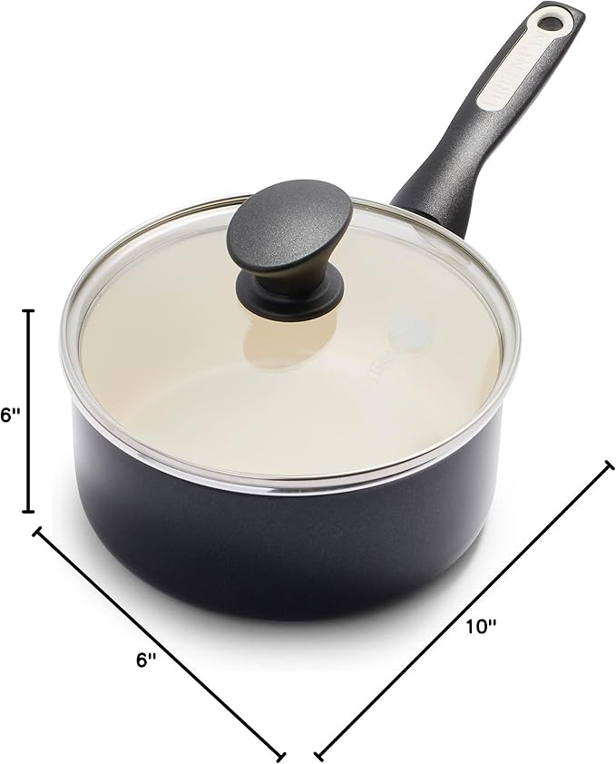 GreenPan Rio Healthy Ceramic Nonstick 2QT Saucepan Pot with Lid, PFAS-Free, Dishwasher Safe, Black