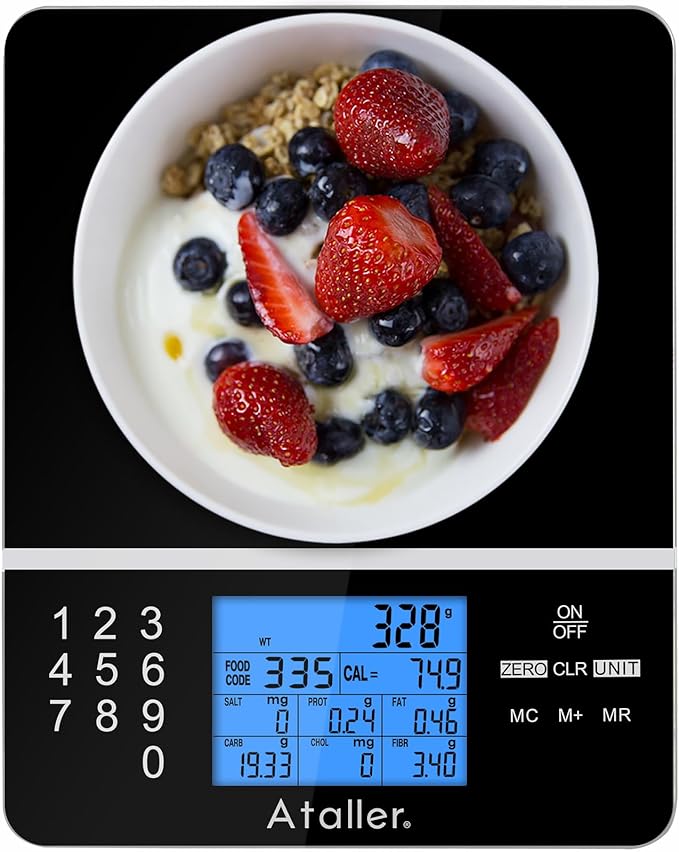 Ataller Food Scale with Nutritional Calculator, Kitchen Diet Scale, Digital Food Calorie Counting Scale for Meal Prep, Kitchen, Baking, Weight Loss, Resolution 1g, Max 5kg 11Ib, Tempered Glass, Black