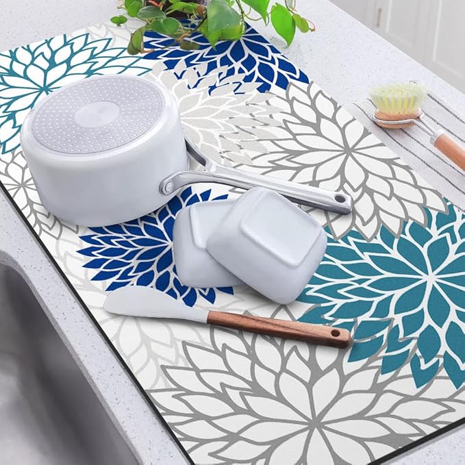 Findosom 2PCS 17" x 32" Dish Drying Mat & 24" x 5.5" Sink Splash Guard, Super Absorbent & Cuttable Dish Mat Drying Kitchen Mat with Blue Floral, Hide Stain Drying Mat for Kitchen Counter