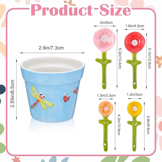 Flower Measuring Spoons Set in Pot - Ceramic Baking Measuring Spoons with Holder for Dry & Wet Ingredients - Cute Flower Figurine - 1 Tbsp, 1 Tsp, 1/2 Tsp, 1/4 Tsp - Unique Gift, Dishwasher Safe(Blue）