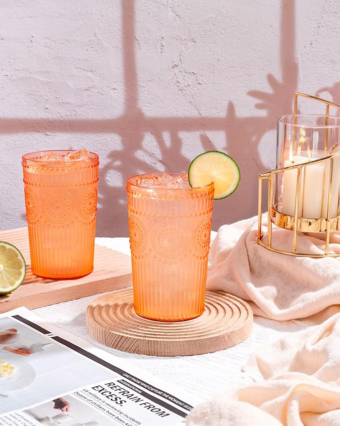 Ciaell 12 Pack Romantic Plastic Water Glasses - 14 Oz Amber Vintage Drinking Glasses, Embossed Ribbed Plastic Cups, Textured Striped Set for Juice, Beverages, Beer, Cocktai