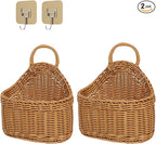 2Pcs Hanging Storage Baskets, Plastic Woven Hanging Basket with Hook, Flower Bin with Handle Kitchen Wall Basket for Ginger Garlic(Brown)
