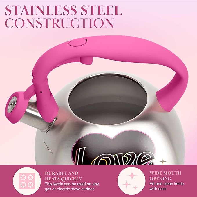 Paris Hilton Whistling Stovetop Tea Kettle, Stainless Steel with Rainbow Love Color Changing Heat Indicator Design, Soft Touch Handle, 2.5-Quart, Love Rainbow