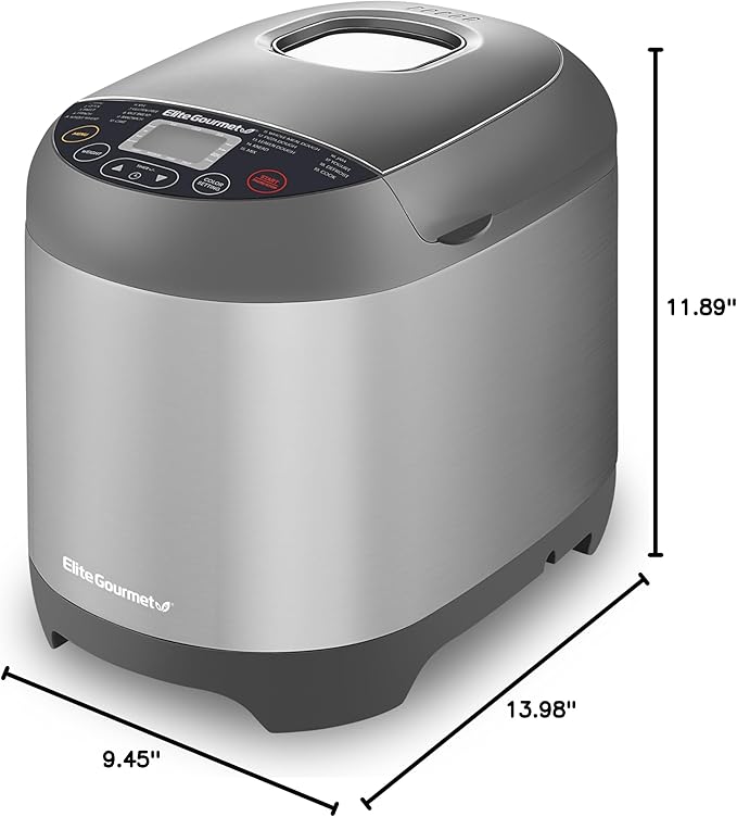 Elite Gourmet EBM8103SS Programmable Bread Maker Machine, 3 Loaf Sizes, 19 Menu Functions Gluten Free White Wheat Rye French and more, 2 Lb, Stainless Steel