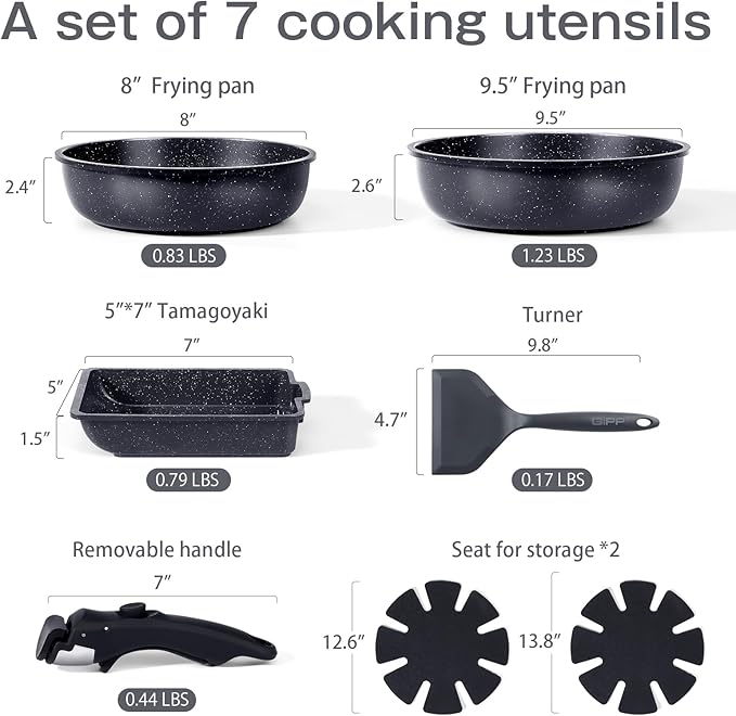 GiPP Ceramic Pots and Pans Set Non Stick, Nonstick Detachable Handle Cookware Sets, Non Toxic Induction Kitchen Pot and Pan with Removable Handle, Healthy RV Cookware, Dishwasher ＆Oven Safe, 7 Piece