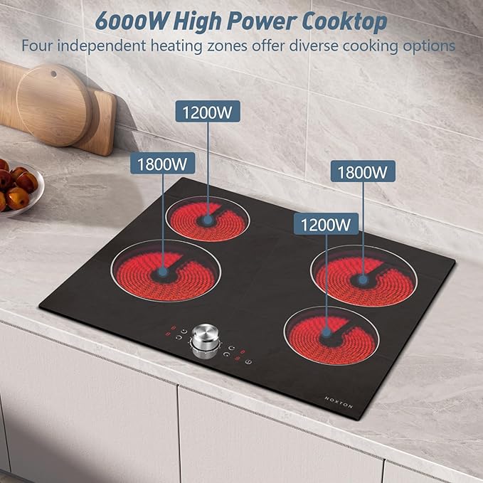 Noxton Electric Cooktop 24 Inch, Knob Control 4 Burners Electric Stovetop, Built-in Radiant Ceramic Stove, Residual Heat Indicator, Overheating protection, 6000W 220-240V Hard Wired (No Plug)