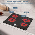 Noxton Electric Cooktop 24 Inch, Knob Control 4 Burners Electric Stovetop, Built-in Radiant Ceramic Stove, Residual Heat Indicator, Overheating protection, 6000W 220-240V Hard Wired (No Plug)