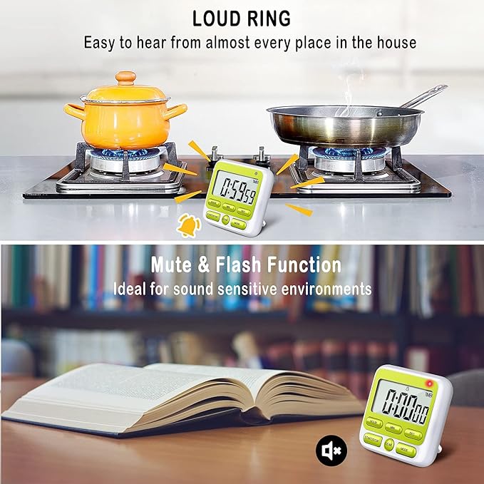 KTKUDY Digital Kitchen Timer with Mute/Loud Alarm Switch ON/Off Switch, 12 Hour Clock & Alarm, Memory Function Count Up & Count Down for Kids Teachers Cooking, Large LCD Display, Strong Magnet (Green)