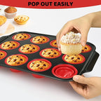 Silicone Muffin Pan Set, Reinforced Metal Frame Cupcake Baking Pan with Brush & Scraper 12-Cup Muffin Tin, Silicone Muffin Pan for baking for Toast Cupcakes Brownies Canele Mold Oven Dishwasher Safe