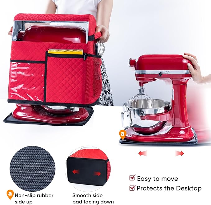 BAGSPRITE Stand Mixer Cover with Detachable Appliance Sliders Base Compatible with KitchenAid Mixer-Storage Bag for 4.5/5 Quart with Pockets for Kitchen Aid Accessories and Attachments