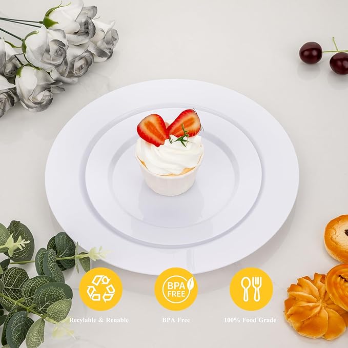 Goodluck 200PCS White Plastic Plates, Heavy Duty Disposable Plates with 100 10.25 inch Dinner Plates and 100 7.5 inch Dessert Plates for Party, Holiday, Wedding, Thanksgiving