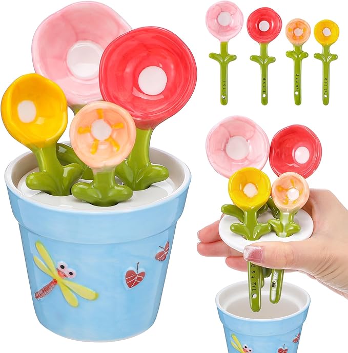 Flower Measuring Spoons Set in Pot - Ceramic Baking Measuring Spoons with Holder for Dry & Wet Ingredients - Cute Flower Figurine - 1 Tbsp, 1 Tsp, 1/2 Tsp, 1/4 Tsp - Unique Gift, Dishwasher Safe(Blue）