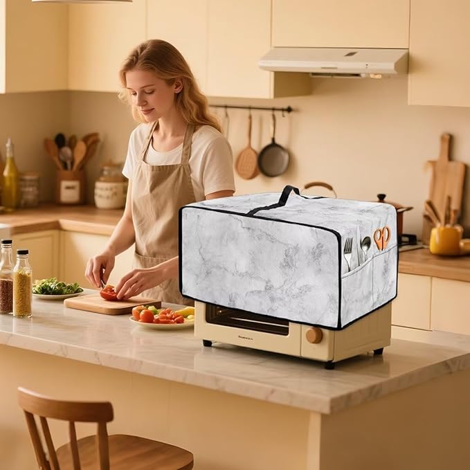 Marble Print Toaster Oven Protective Cover for Kitchen Counter, Heat-resistant Dust-proof Microwave Oven Air Fryer Cover with Storage Pockets (Small-14.5 * 18.46 * 9 inches)
