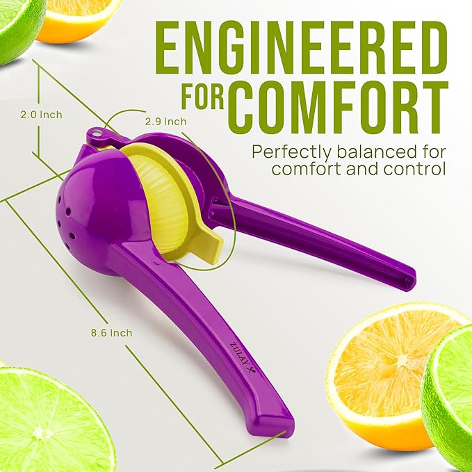 Zulay Kitchen Metal 2-in-1 Lemon Squeezer - Sturdy Max Extraction Hand Juicer Lemon Squeezer Gets Every Last Drop - Easy to Clean Manual Citrus Juicer - Easy-Use Lemon Juicer Squeezer - Purple/Yellow