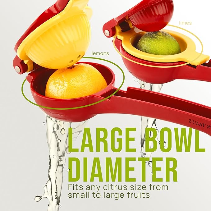 Zulay Kitchen Metal 2-in-1 Lemon Squeezer - Sturdy Max Extraction Hand Juicer Lemon Squeezer Gets Every Last Drop - Easy to Clean Manual Citrus Juicer - Easy-Use Lemon Juicer Squeezer - Red/Yellow