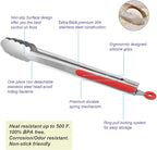 Premium 304 Stainless Steel Tongs Set – 12" Grill Tongs & 9" Cooking Tongs, Heat Resistant up to 600°F, Wavy Grip Head, Non‑Slip Handle with Locking Clip & Hanging Loop, Dishwasher Safe, Red