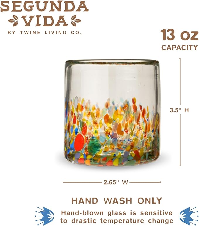 Twine Segunda Vida Artistico 100% Recycled Glassware Tumblers, Hand Blown Cocktail Glasses for Dinner Party, Icon Glasses Gifts, Stemless Margarita Mexican Glassware, Set of 2, 13 oz, Multicolor