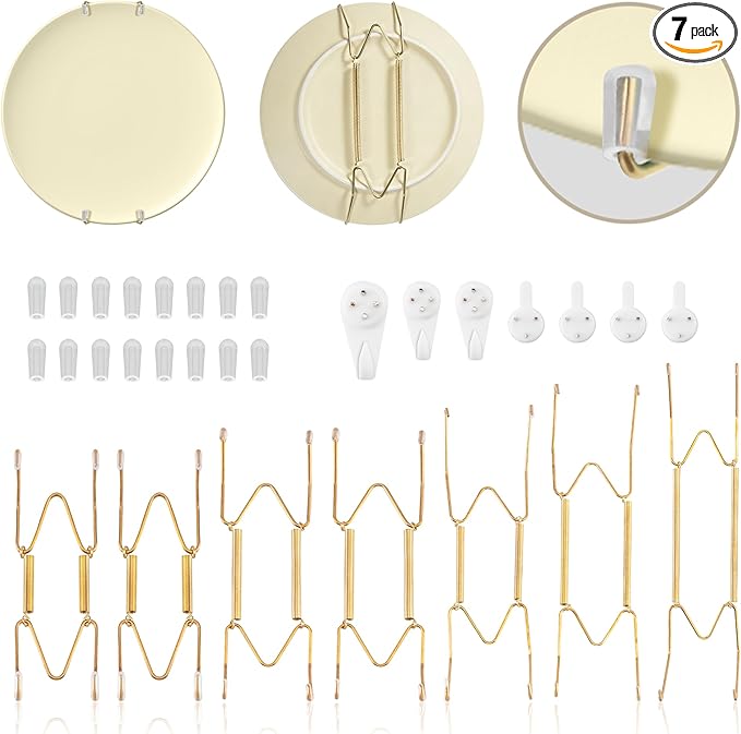 Bilillo 7 pcs Plate Hangers for The Wall, 4/6/8/10/12 Inch Invisible Plates Hangers, Stainless Steel Plate Wall Holders for Display Various Sizes with Hooks for Decorative