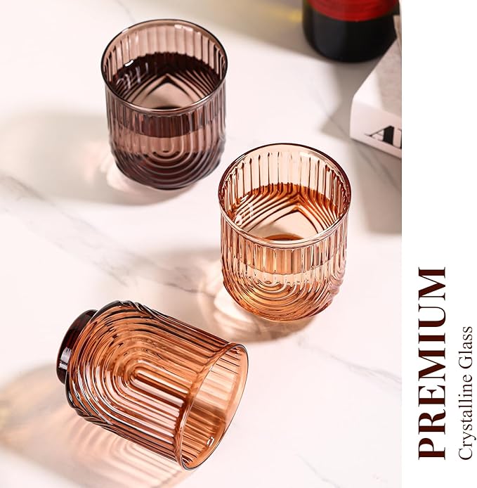 Venus Vintage Drinking Glasses Set of 6-15oz Hand-Blown Highball Ribbed Glassware, Arch Design Cocktail Glasses for Whiskey Water Beverages Ice Coffee Juice Milk