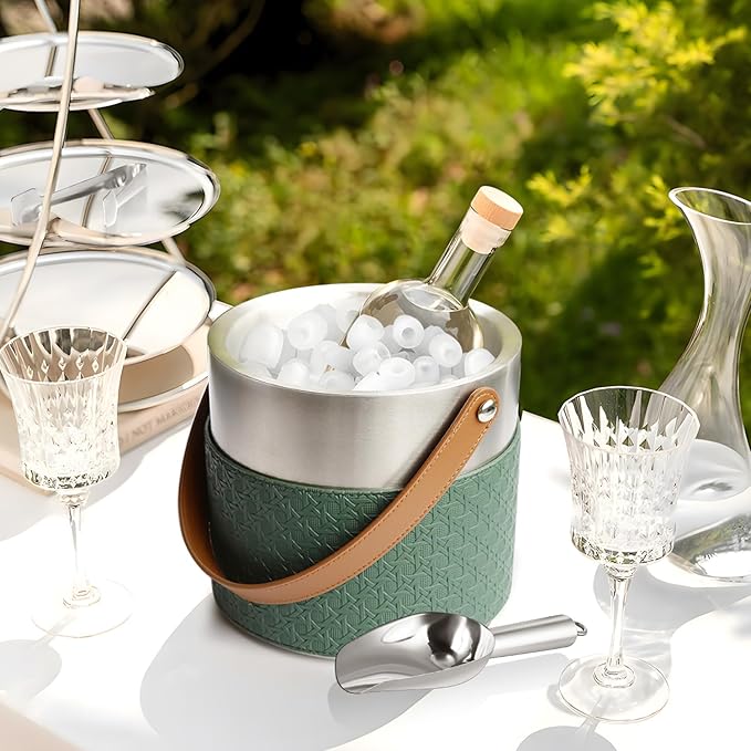 Bakpoco Insulated Ice Bucket with Lid, Scoop, Ice Tongs & Detachable Double-Sided PU Cover– 3L Double-Wall Stainless Steel Ice Buckets for Parties, Cocktail Ba, Champagne & Bar Cart Accessories