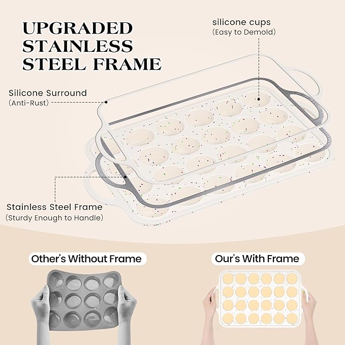1 Pc Mini Muffin Pan with Metal Reinforced Frame, 24 Cups Nonstick Silicone Cupcake Tray for Baking, Food Grade Small Muffin Molds with Handles (Cream)