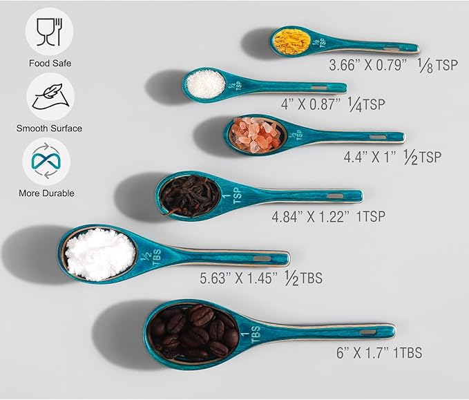 6pcs Measuring Spoons Set, Unique Pakkawood Measuring Spoons Includes 1/8 tsp, 1/4 tsp, 1/2 tsp, 1 tsp, 1/2 tbsp & 1 tbsp for Cooking & Baking, Cute Kitchen Gadgets Gift(Turquoise Blue)