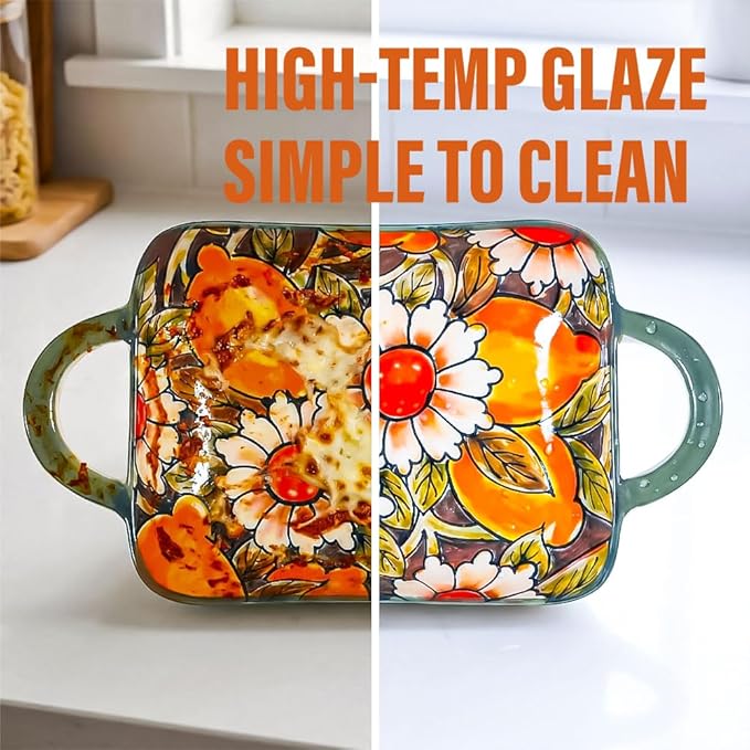 Ceramic Small Baking Dishes Set of 2 Rectangular Casserole Dish with Handles 12 oz Mini Bakeware for Oven to Table Appetizers Dips Snacks Dessert Gratin Dishes Serving Plates Two Different Patterns