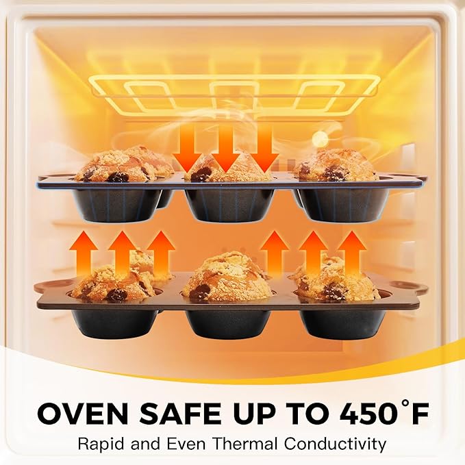 HONGBAKE Non-Stick Muffin Pans 12 Cup, Carbon steel Cupcake Pan for Baking, 2 Pack Non toxic Health Muffin tin -Dark Grey