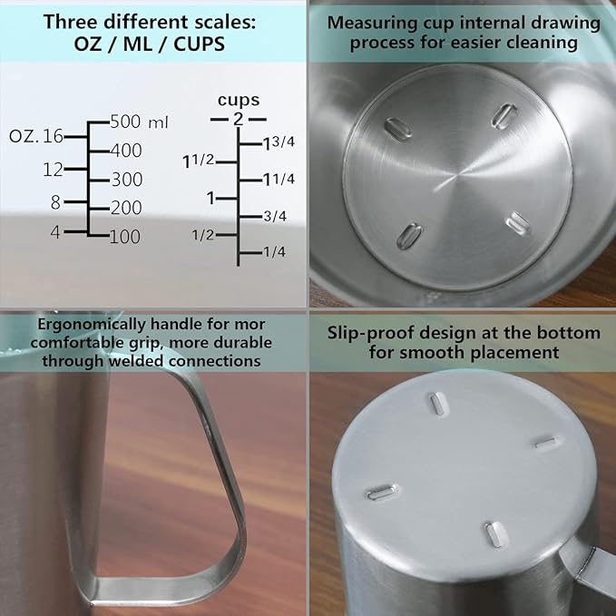 Newness Stainless Steel Measuring Cup, Metal Measuring Cup with Handle (Upgraded, 3 Marking Including Cup/ML/Ounce Scale), 16 Ounces (0.5 Liter, 2 Cup) (Pack of 2)