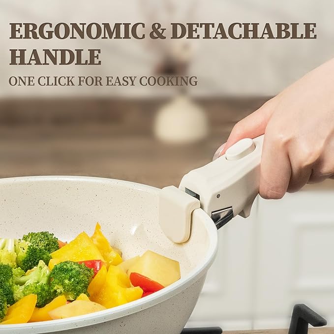 Ceramic Cookware Set Non Stick 23Pcs Pots and Pans Set Non Toxic with Detachable Handle Induction Kitchen Cookware Set Space Saving, Oven & Dishwasher Safe, Cream