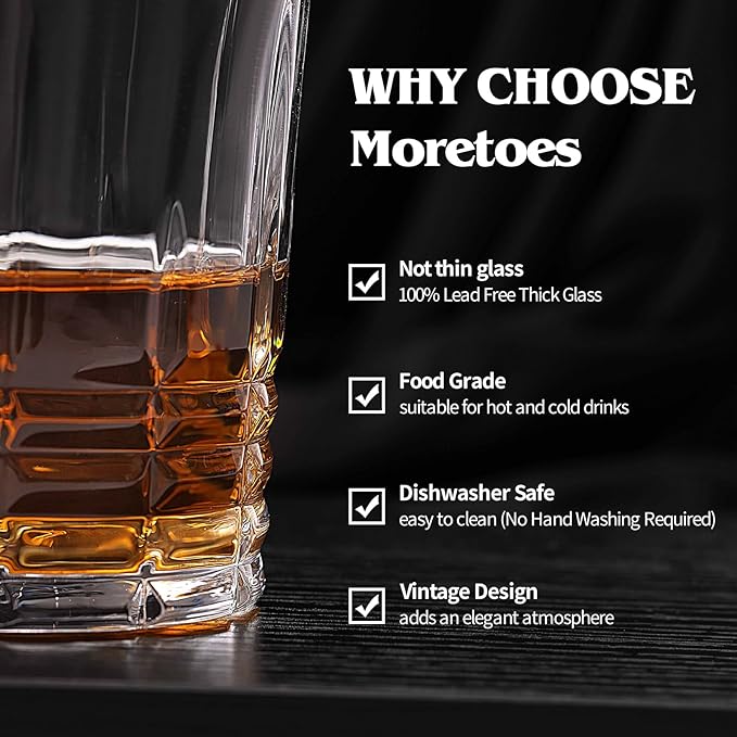 Moretoes Drinking Glasses Set of 12, 6 Highball Glasses 12oz,6 Rocks Glasses 10oz,Mixed Drink Cocktail Glass, Vintage Embossed Glassware Sets for Whiskey,Mocktails, Water & Juice Drinkware