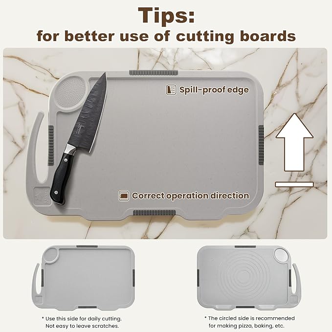 Glotoch Cutting Boards for Kitchen Set of 3, Wheat Straw Chopping Board Dishwasher Safe, BPA Free, Non Slip, 16"X10" Colored Reversible Cutting Board with Stand, Food Icons, Grinder Plate