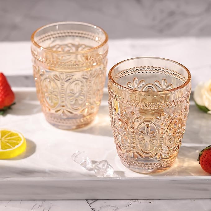 abrwyy Amber Glassware set of 4 Vintage Drinking Glasses, 9.5oz Amber Heavy Duty Glass Cups, Old Fashioned Glass, Set for Party Wedding Home Office Glassware Gift