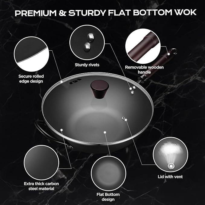 FGJ Wok, 13 Inch Carbon Steel Wok Pan Set 6PCS & Stir-fry Pans Nonstick, Pre-Seasoned 5.8QT Flat Bottom Chinese Woks Paella Pan Set, Carbon Steel Cookware, Compatible with All Cooktops