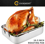 JY COOKMENT Roasting Pan with Baking Rack, 16.5 Inch Stainless Steel Turkey Roaster with Rack, Baster. Great for Turkey, Chicken, Ham, Vegetables