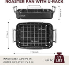 HONGBAKE Roasting Pan with Rack, 17.6×11 Inch Nonstick Roaster Pan for 17 lb Turkey, Chicken and Lasagna, Deep Turkey Pan for Oven, Heavy Duty Oven Roaster Tray, Wider Handles, Gray